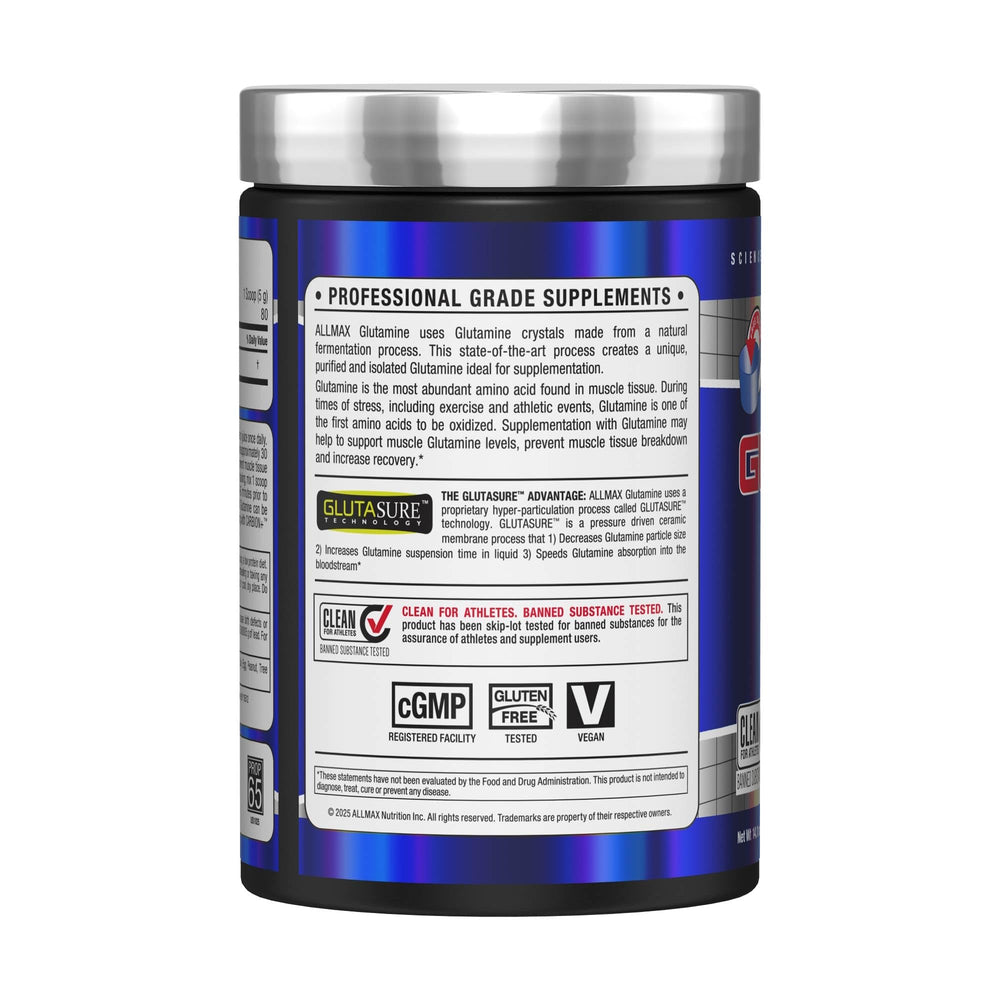 AllMAX Glutamine scoop beside bottle for easy post-workout mixing.