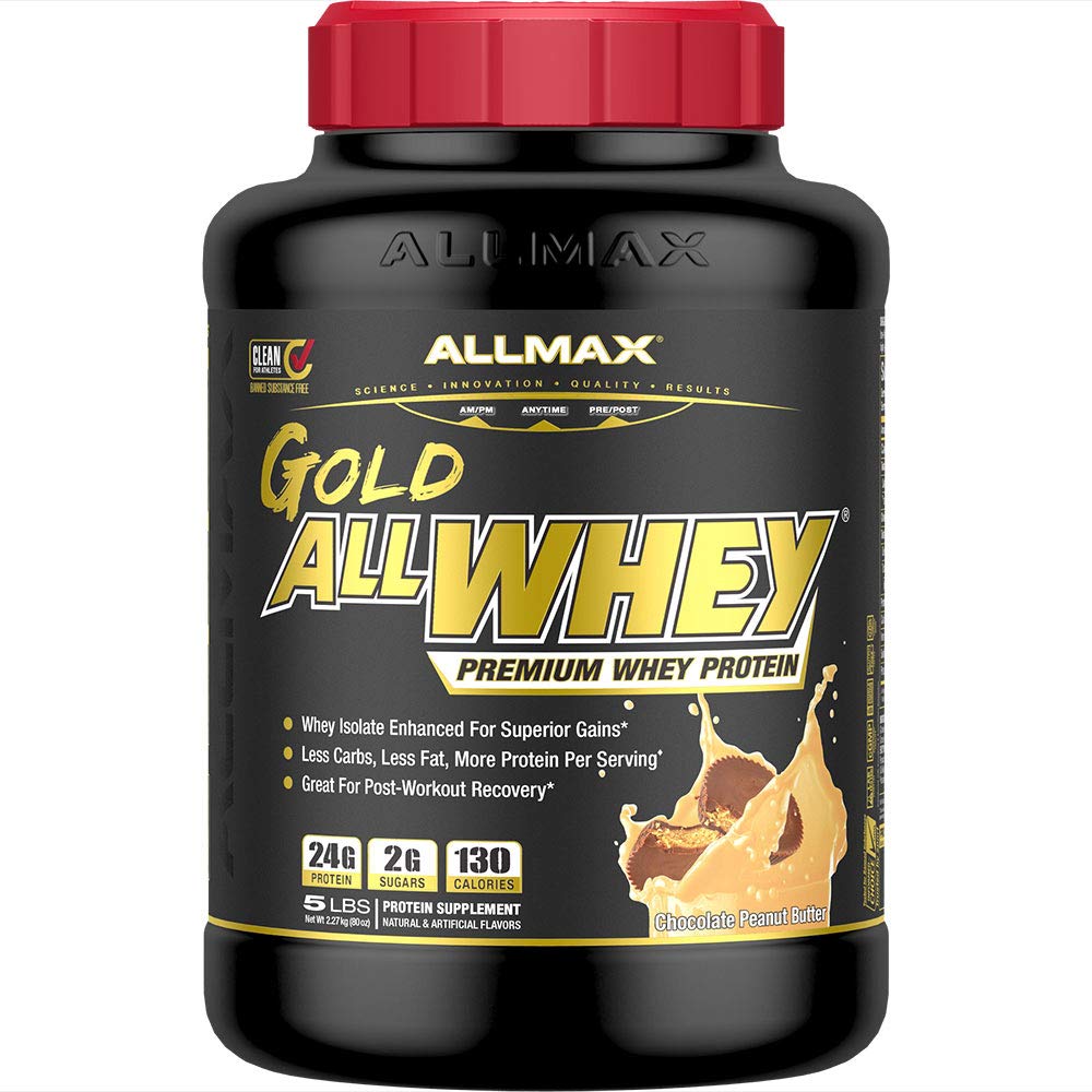 AllMax Gold ALLWHEY chocolate peanut butter tub showcases premium protein powder for athletes.