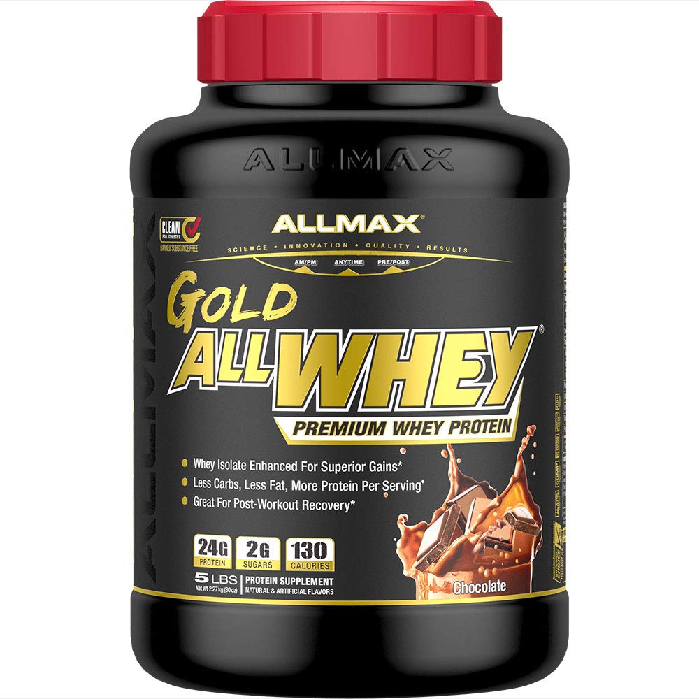 ALLMAX Gold ALLWHEY chocolate powder in tub for post-workout recovery