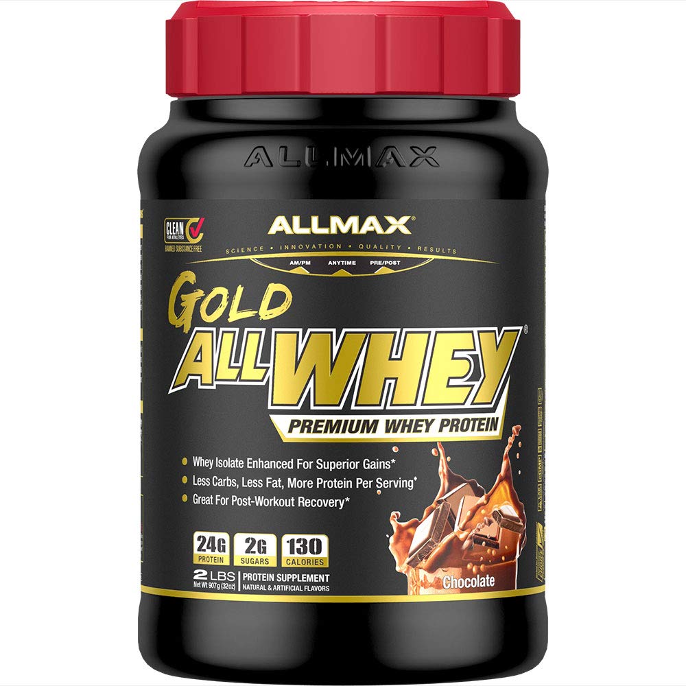 AllMAX Gold ALLWHEY chocolate tub front showing high-protein formula for workouts
