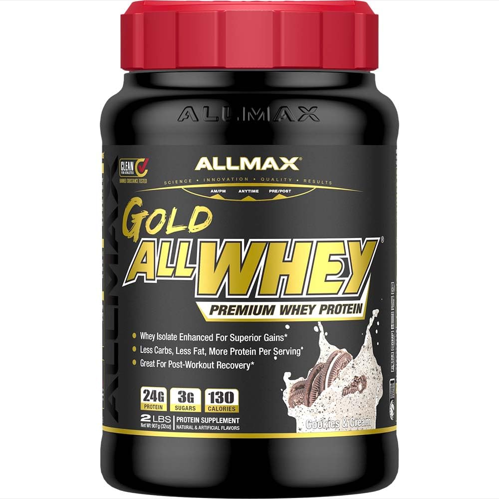 AllMax Gold AllWhey Cookies & Cream front label shows 24 g protein per scoop for post-workout fueling.