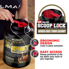 AllMAX Gold ALLWHEY gluten-free label on tub communicates dietary compatibility