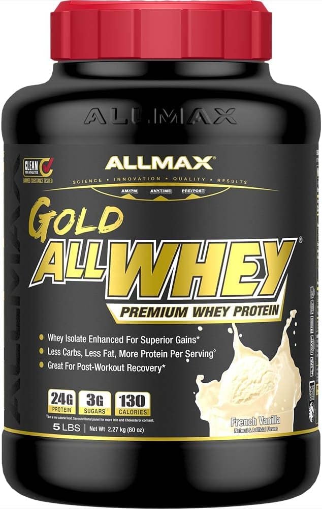 Gluten-free label on ALLMAX Gold ALLWHEY packaging for gluten-sensitive diets