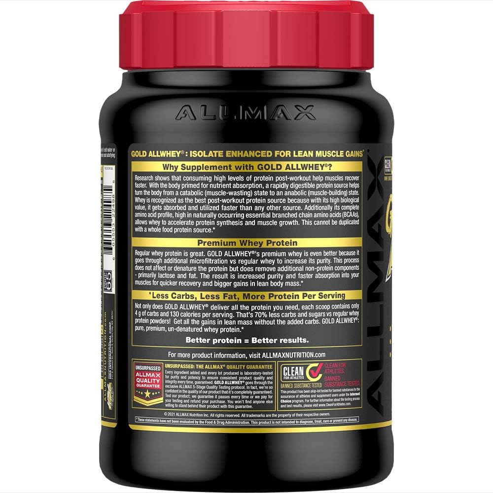 AllMax Gold AllWhey nutrition facts panel highlights low calories and low carb profile.