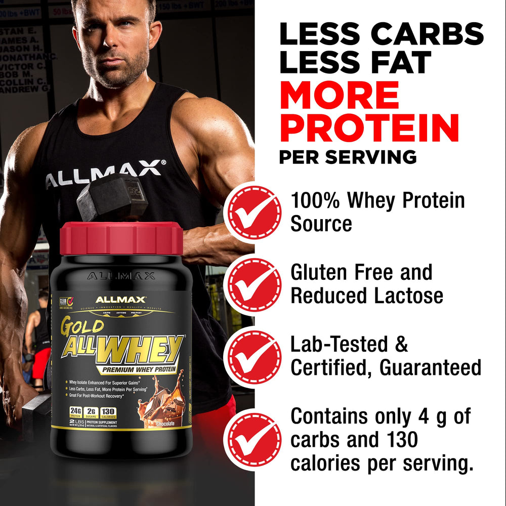 Open ALLMAX Gold ALLWHEY packaging with a 5 lb bag on display
