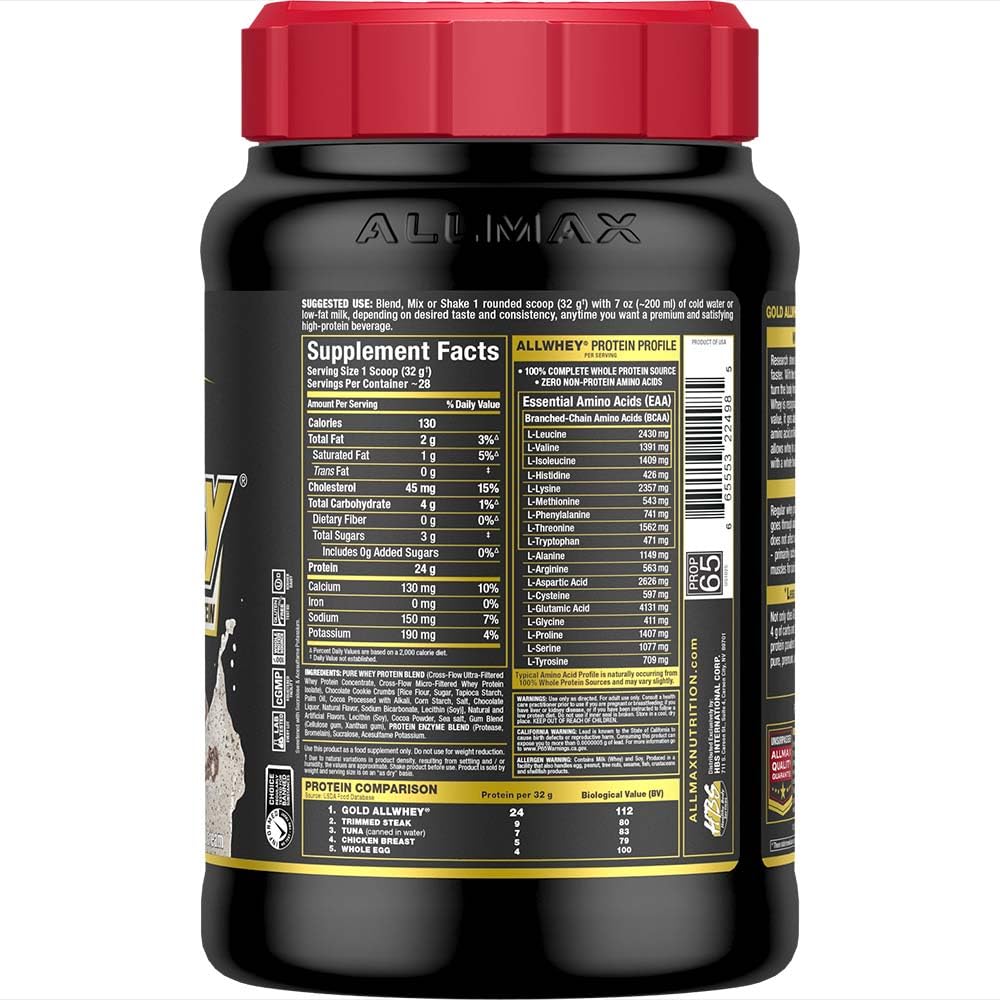 AllMax Gold AllWhey scoop resting beside a glass for quick protein intake.