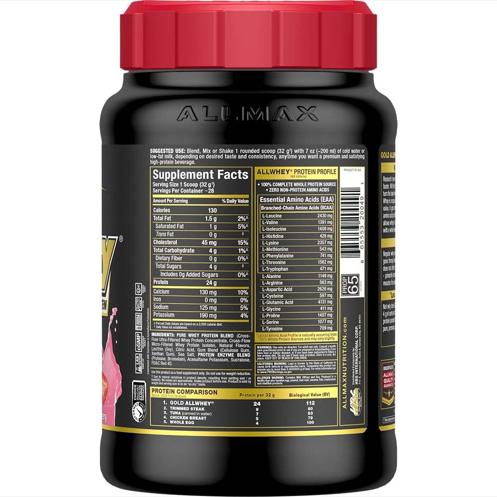 Allmax Gold ALLWHEY strawberry powder close-up with fine texture for smooth mixing