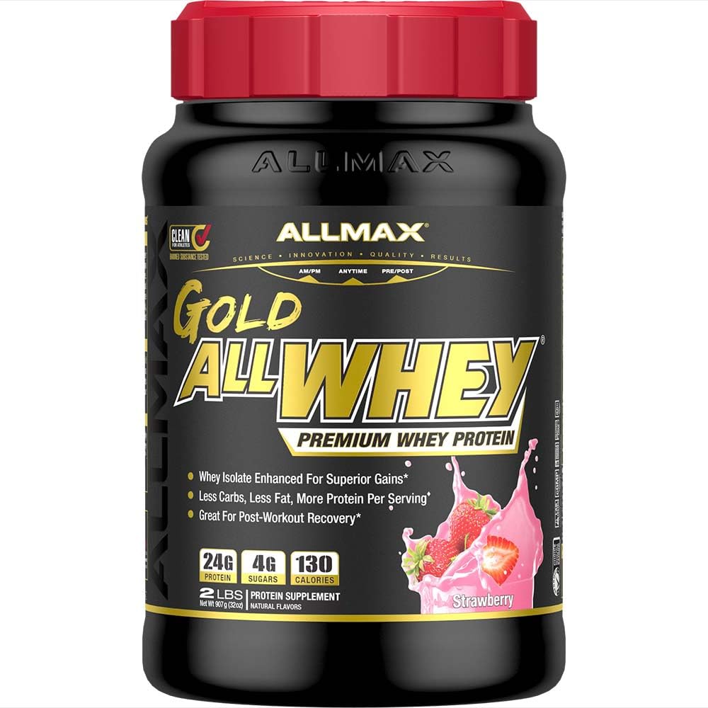Allmax Gold ALLWHEY strawberry tub front showing premium protein formula for post-workout support