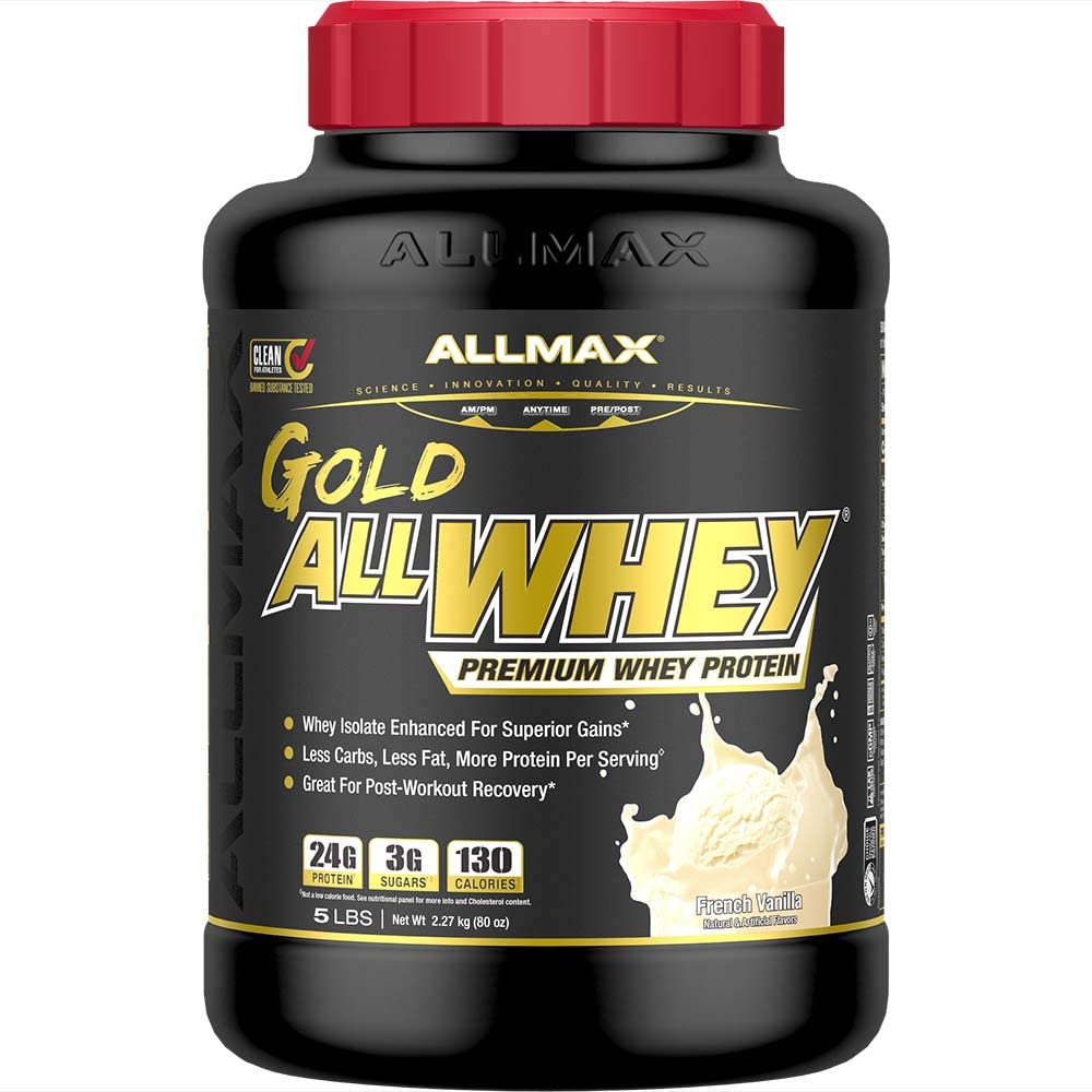 Brand new ALLMAX Gold ALLWHEY French Vanilla powder in a bottle with scoop for quick shakes