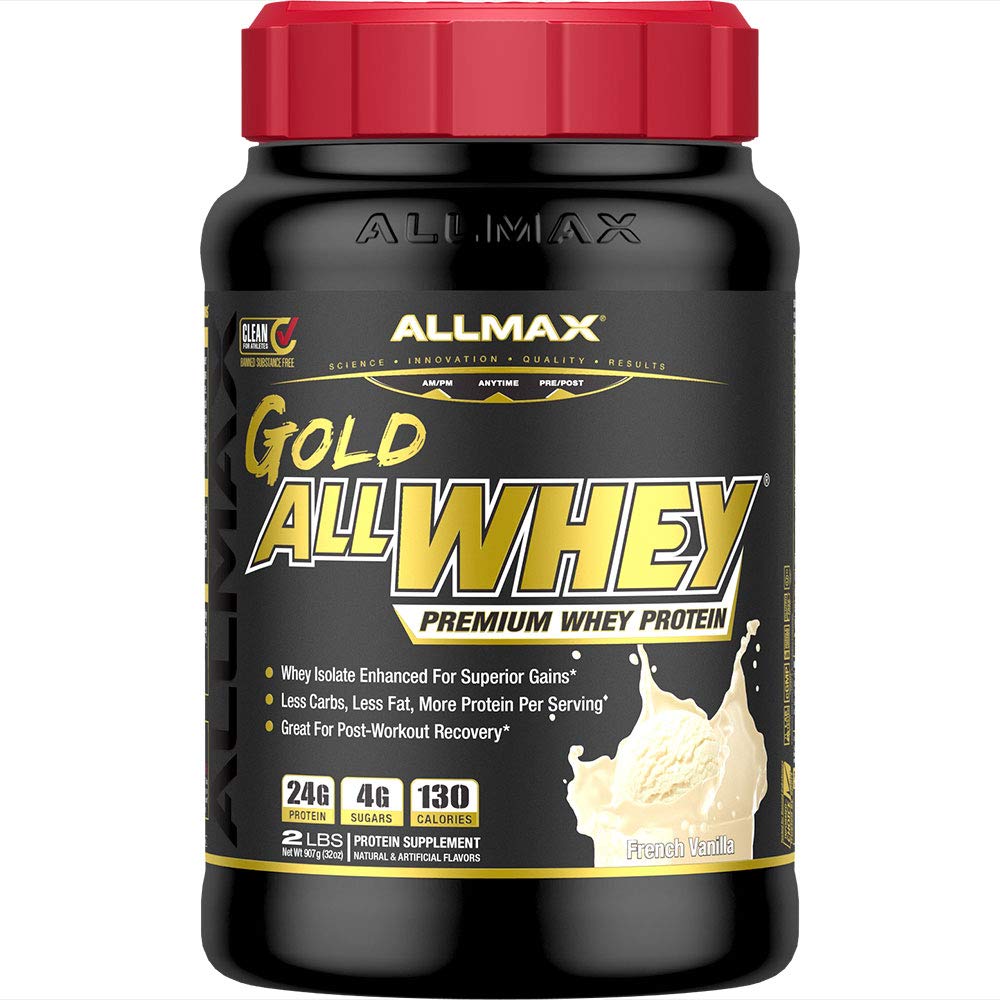 AllMax Gold AllWhey whey protein powder vanilla with measuring scoop for post-workout use