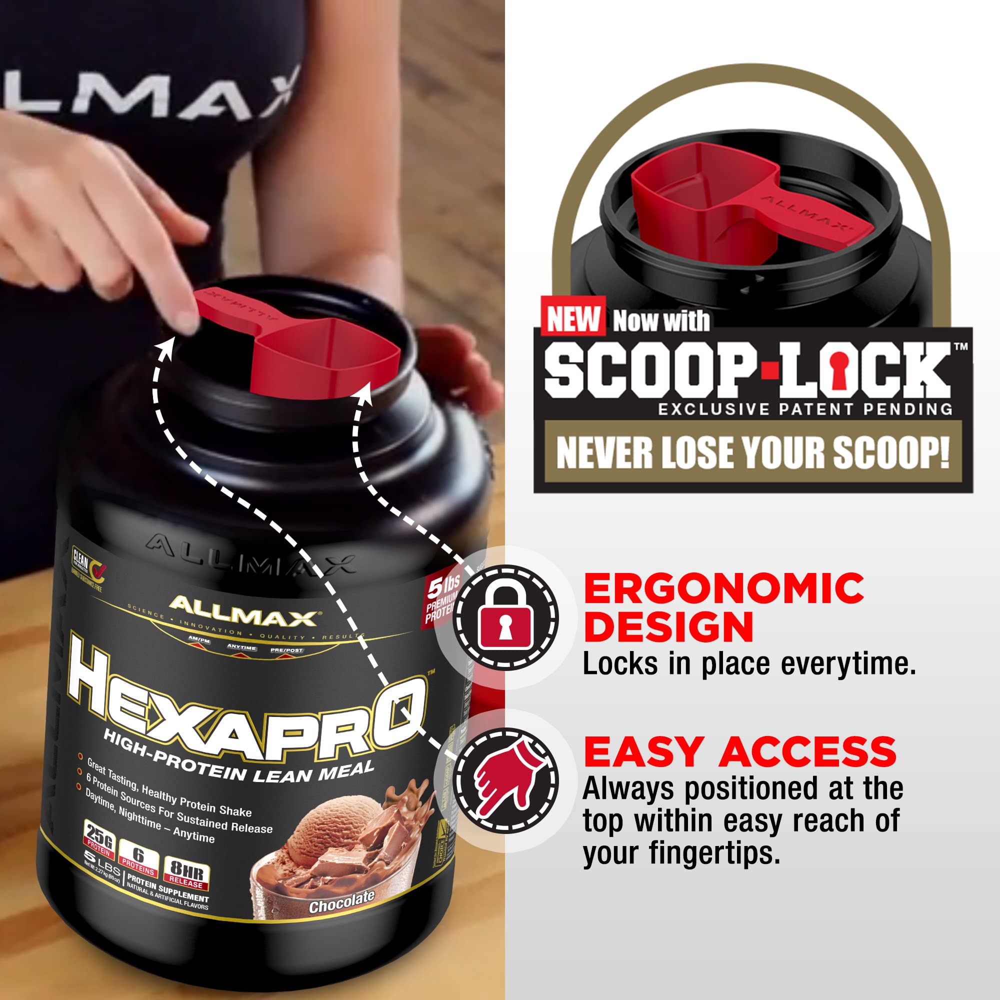 ALLMAX HEXAPRO chocolate powder bag nutrition label emphasizing high protein per serving.