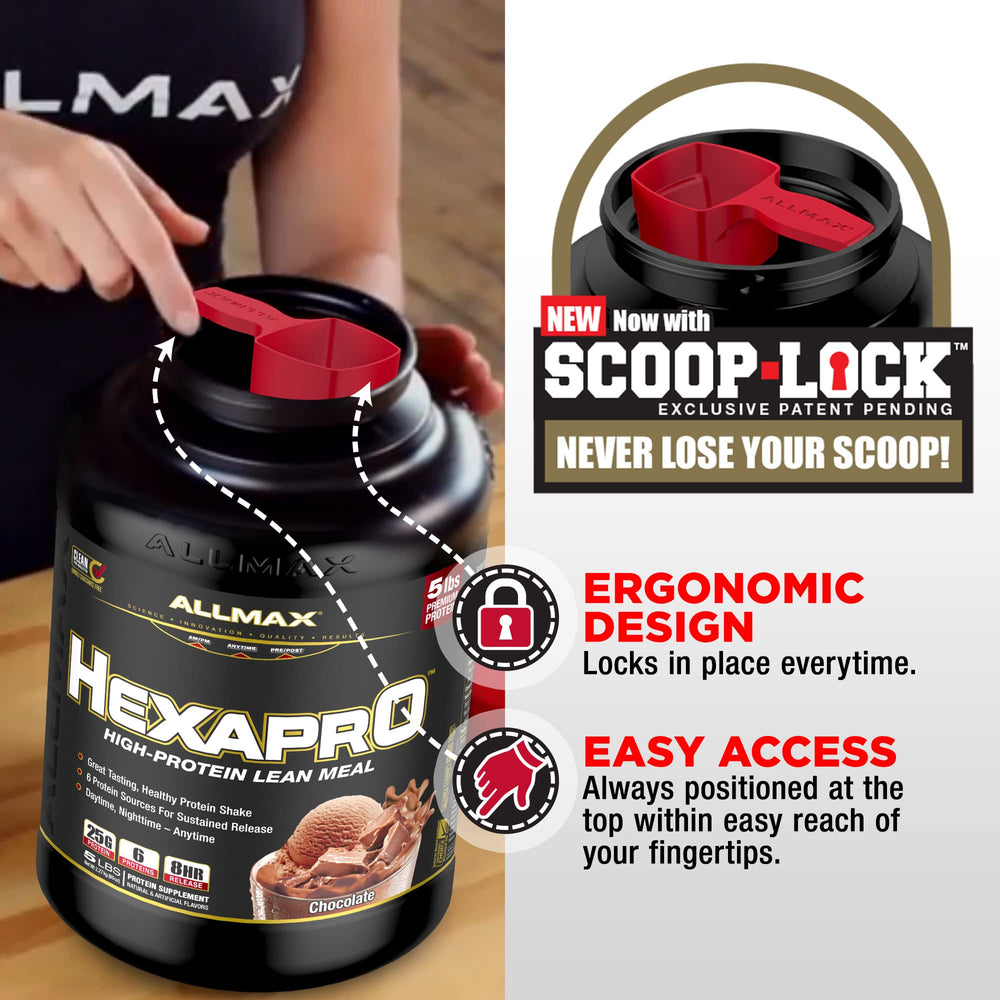 ALLMAX HEXAPRO chocolate powder bag nutrition label emphasizing high protein per serving.