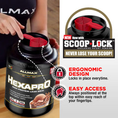 ALLMAX HEXAPRO chocolate powder bag nutrition label emphasizing high protein per serving.