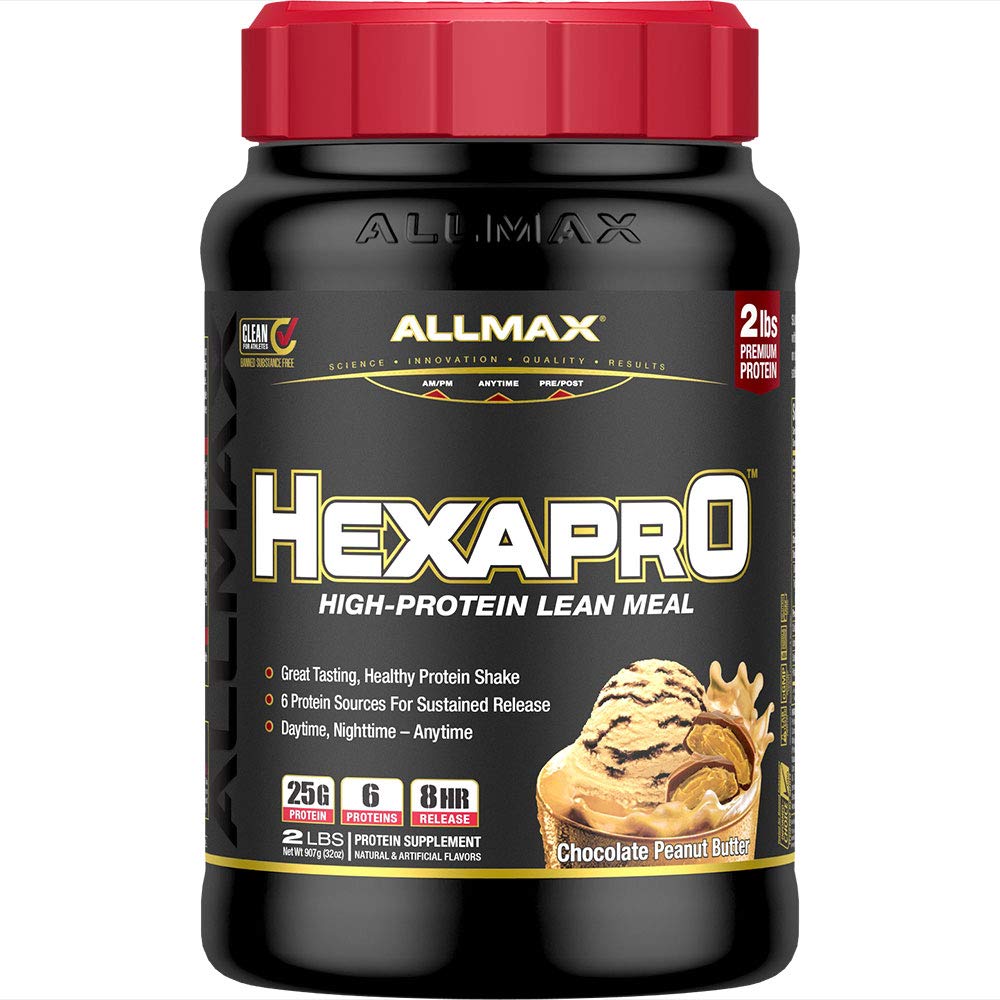ALLMAX HEXAPRO Chocolate Peanut Butter container showing 52 servings for convenient protein.