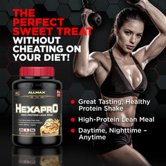 ALLMAX HEXAPRO nutrition panel highlights 25 g protein per serving and zero sugar.