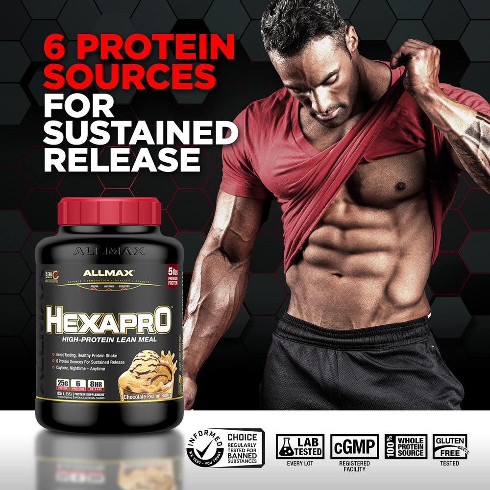 ALLMAX HEXAPRO Chocolate Peanut Butter scoop at the top for easy access.
