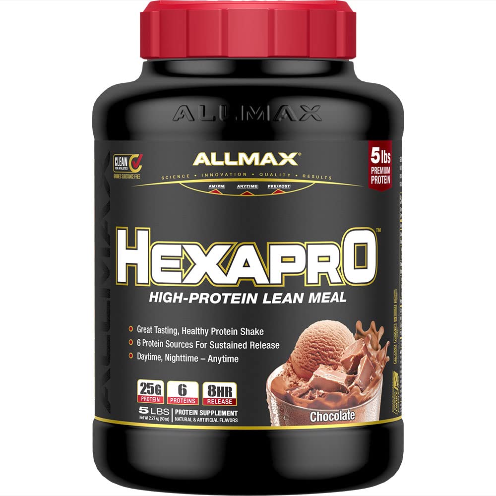 ALLMAX HEXAPRO chocolate powder bottle showing the 5 lb container for convenient protein support.