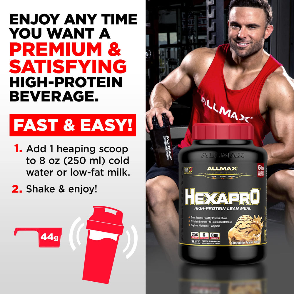 ALLMAX HEXAPRO chocolate shake being poured for a quick, convenient drink.