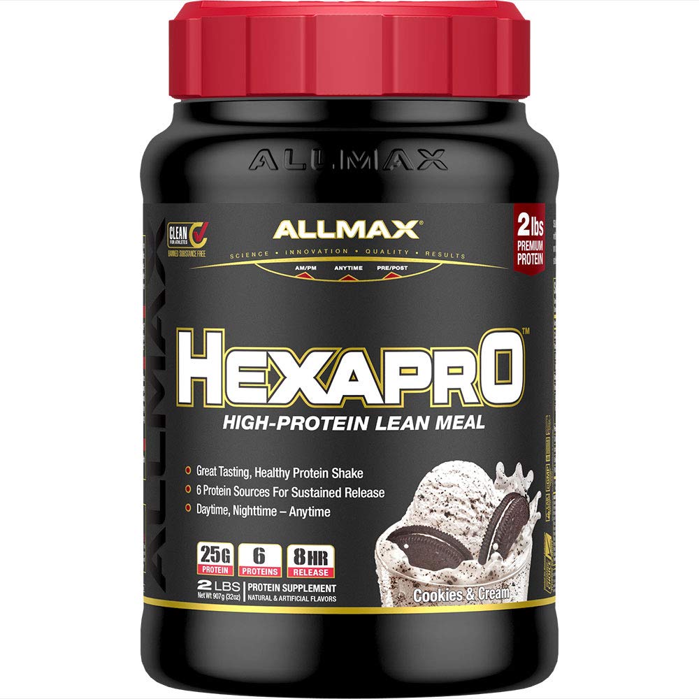 ALLMAX HEXAPRO Cookies & Cream bottle showing 2 lb container for easy protein on the go