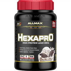 ALLMAX HEXAPRO Cookies & Cream bottle showing 2 lb container for easy protein on the go