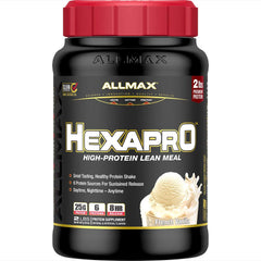 Allmax HEXAPRO French Vanilla bottle shows 25 g protein per serving for steady energy.