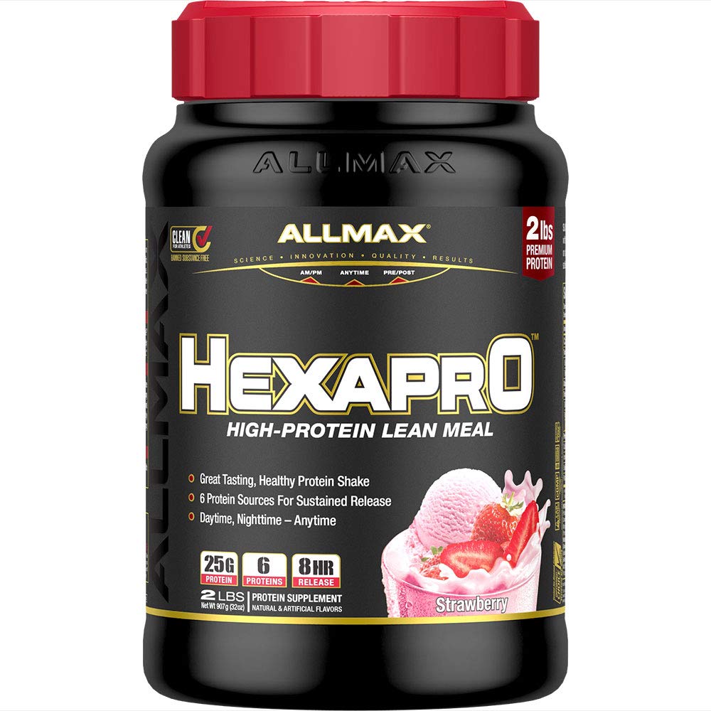 ALLMAX HEXAPRO Strawberry powder bag showing 25 g protein per serving for active recovery