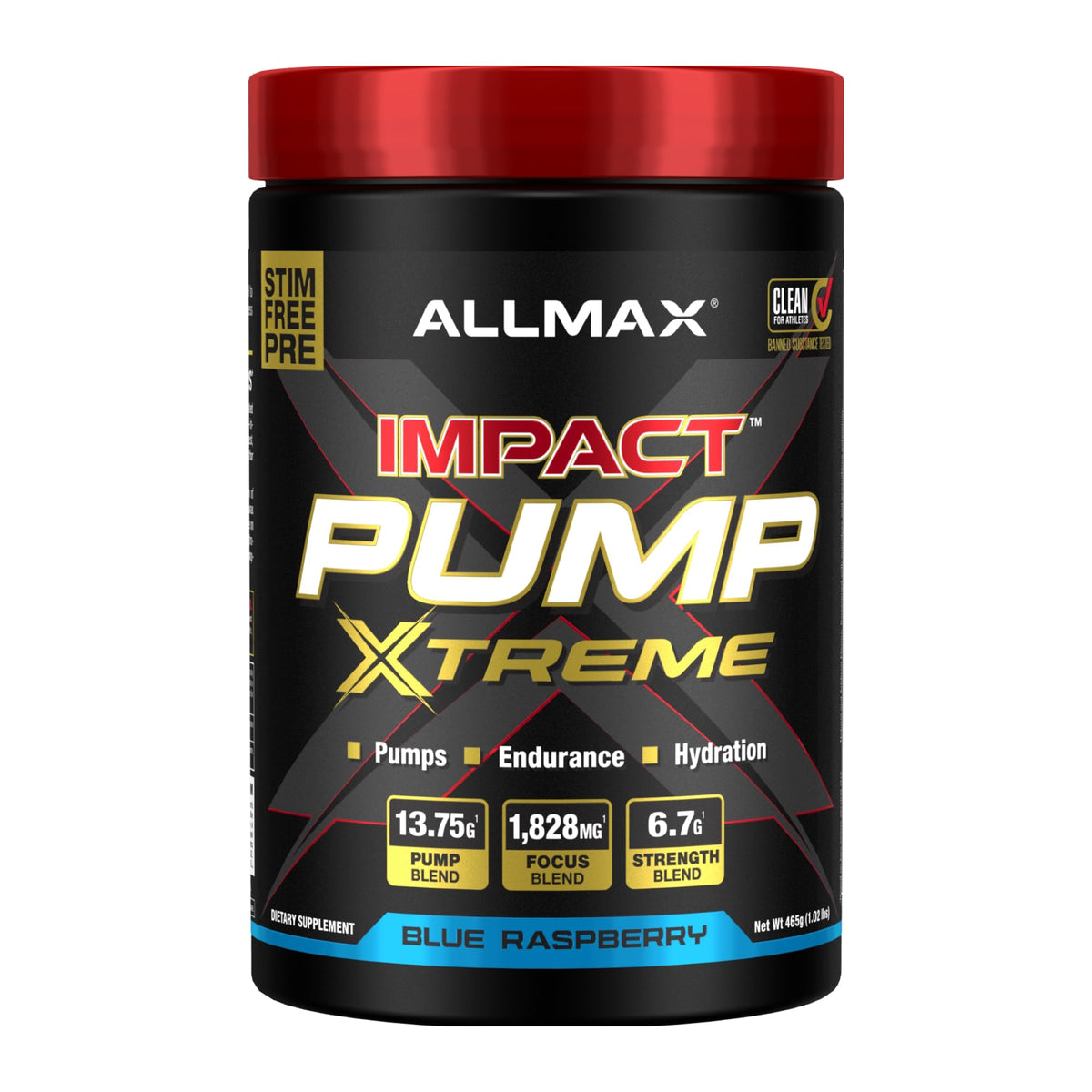 ALLMAX Impact Pump Xtreme blue raspberry bottle for stimulant-free workouts.
