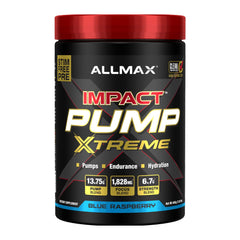 ALLMAX Impact Pump Xtreme blue raspberry bottle for stimulant-free workouts.