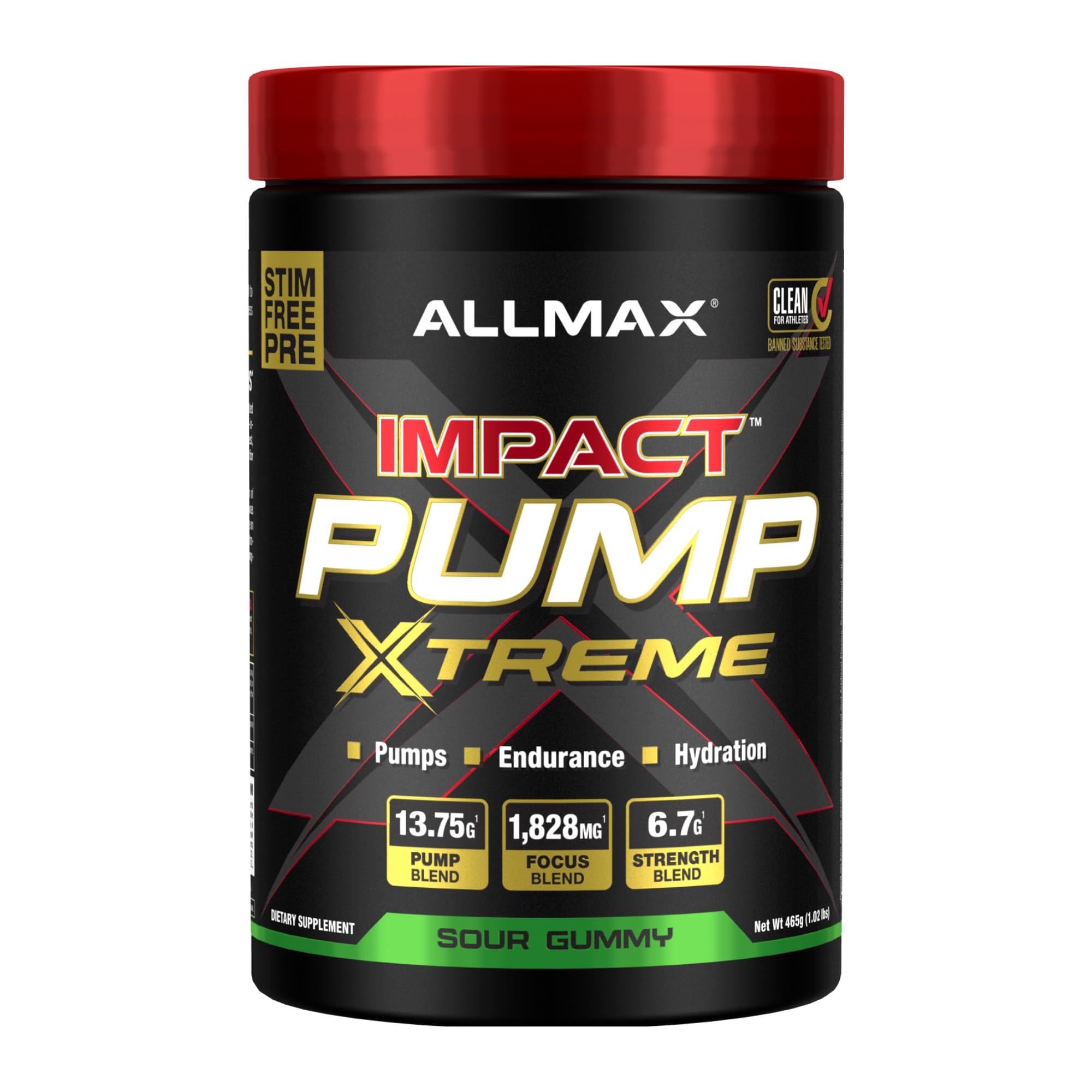 ALLMAX Impact Pump Xtreme tub front showcases bold Sour Gummy flavor for potent workouts.