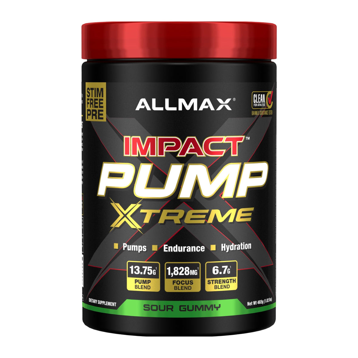 ALLMAX Impact Pump Xtreme tub front showcases bold Sour Gummy flavor for potent workouts.