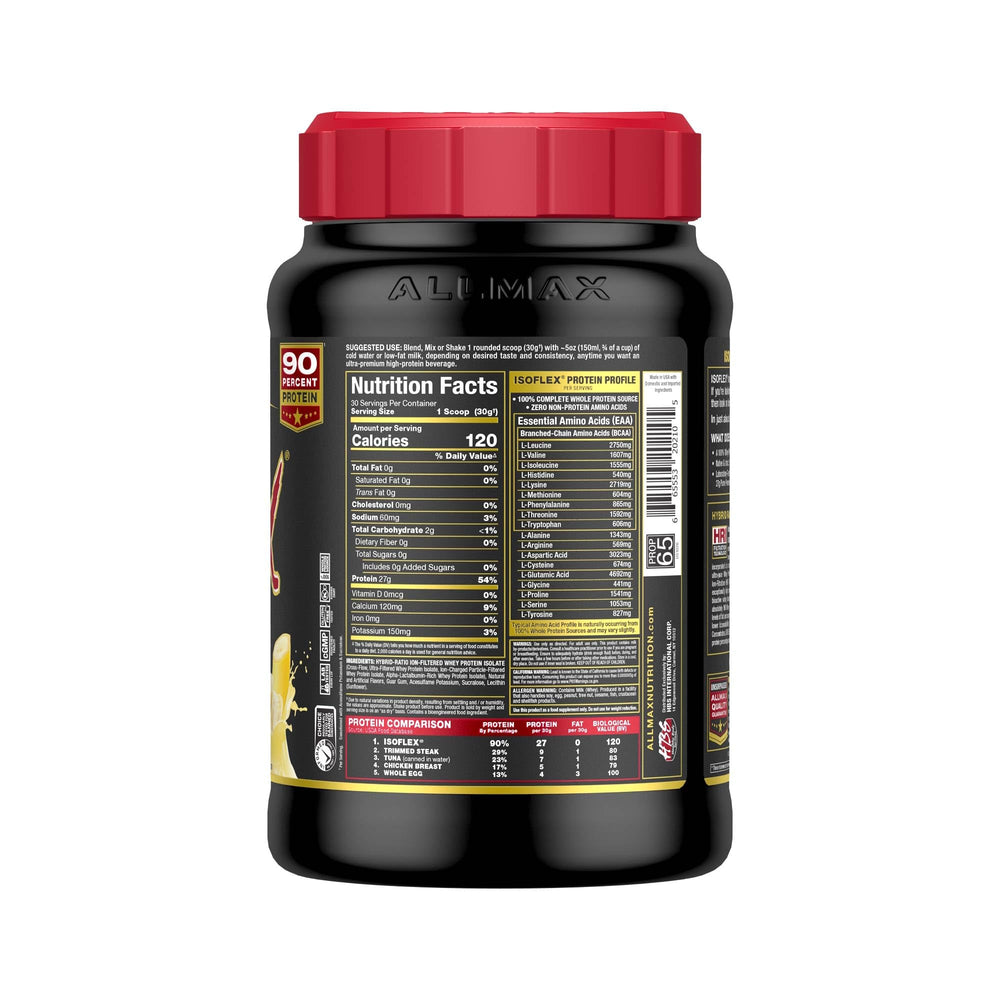 AllMax ISOFLEX banana shake in glass shows creamy texture.
