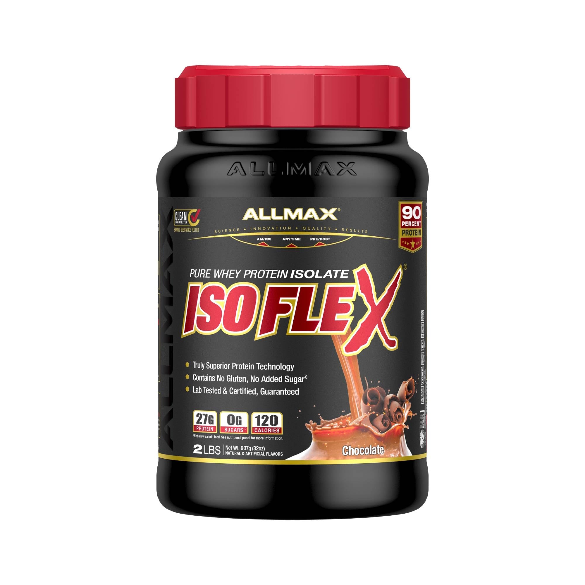 ALLMAX Isoflex chocolate bottle pour for a smooth post-workout shake.