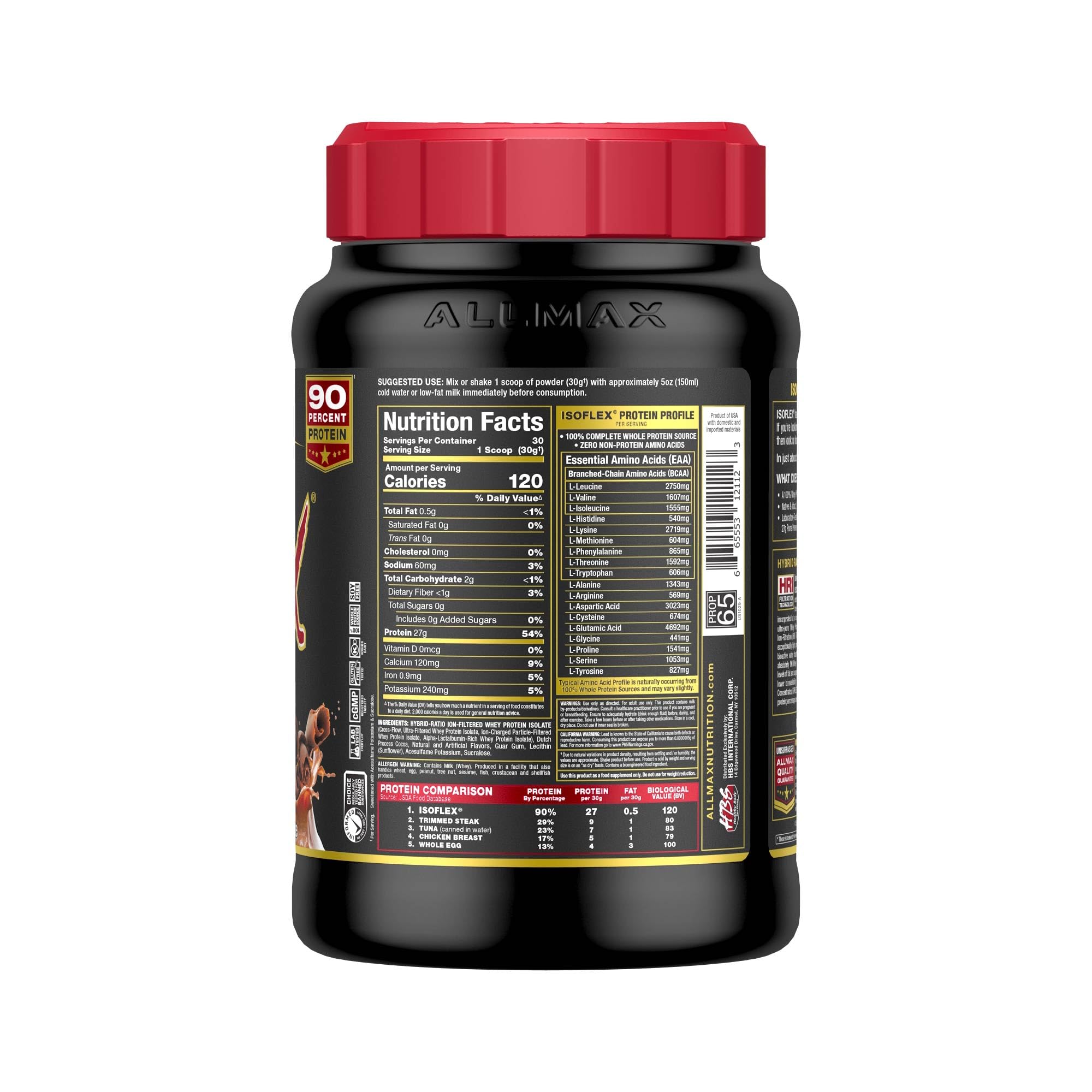 ALLMAX Isoflex chocolate tub-front shows premium whey isolate quality.