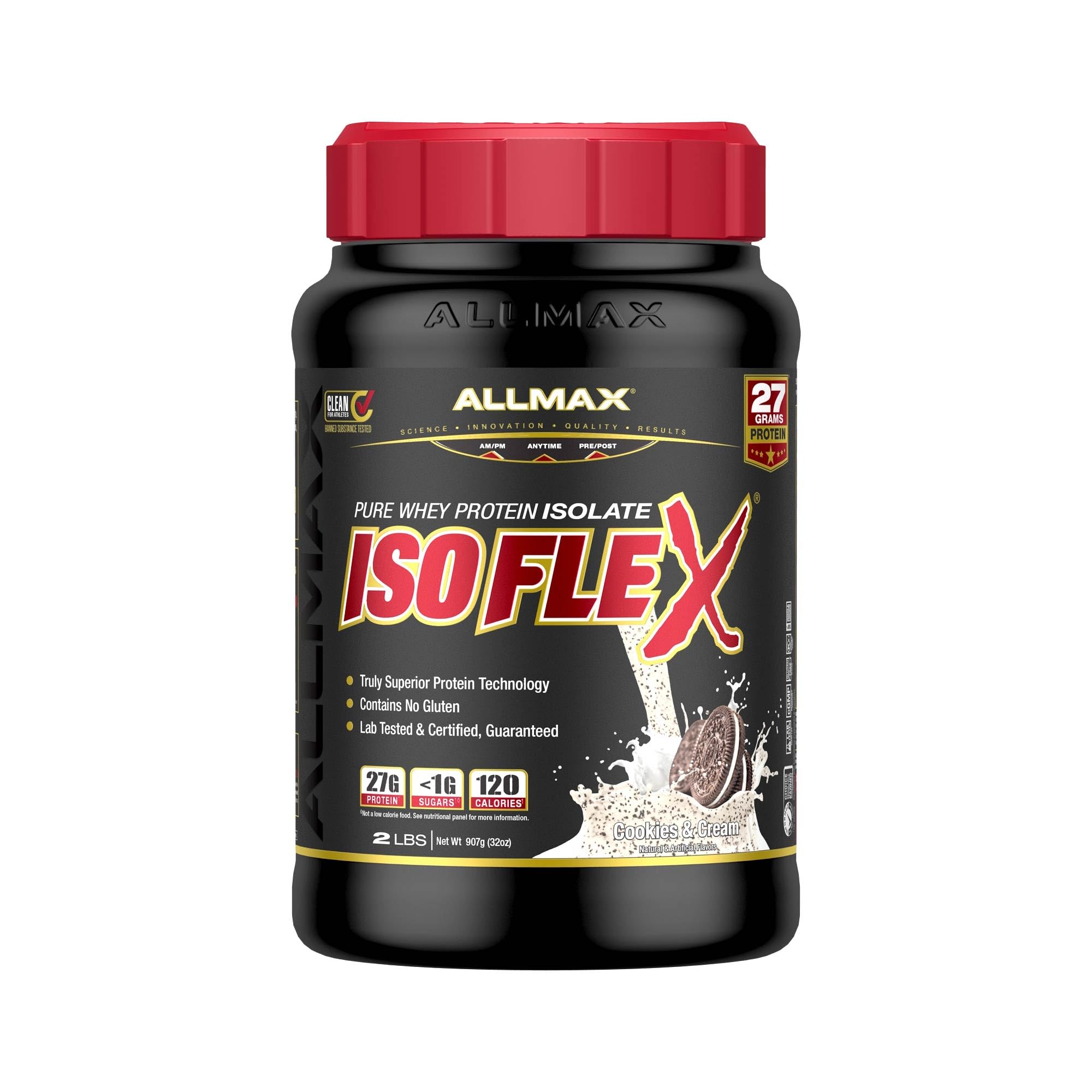 ALLMAX ISOFLEX cookies & cream tub on countertop showing premium whey protein isolate for high-protein shakes.