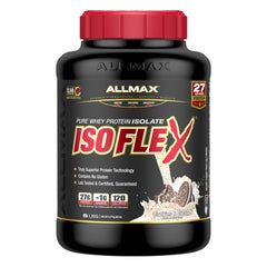 ALLMAX ISOFLEX Cookies & Cream tub showing 27 g protein per scoop.