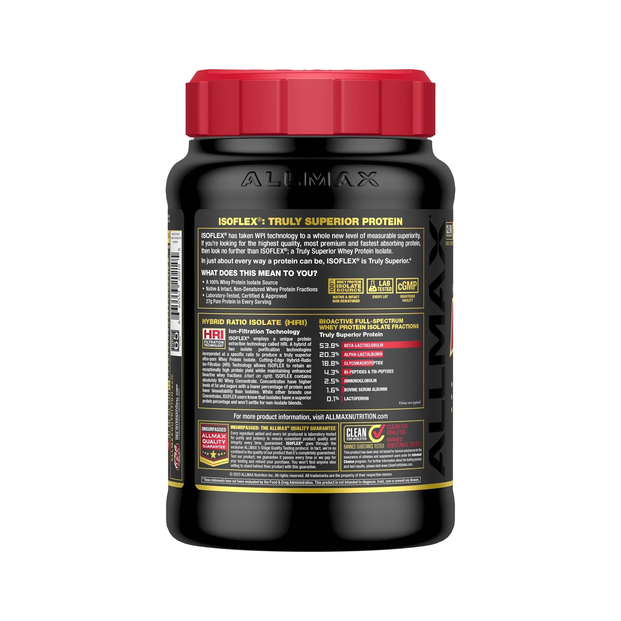 AllMax ISOFLEX scoop close-up highlighting 27 g protein per serving.
