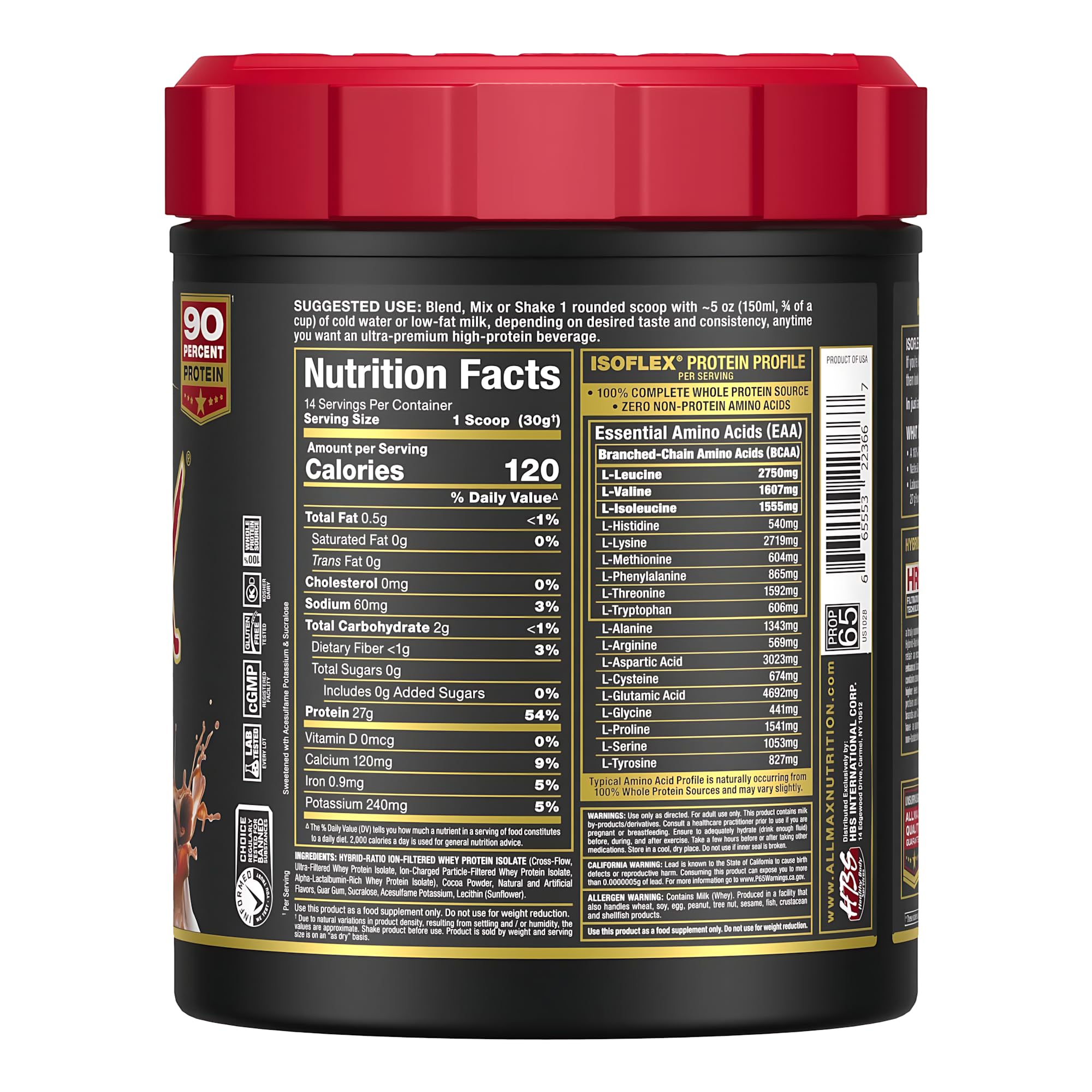 AllMax ISOFLEX scoop and nutrition facts show 27g per serving