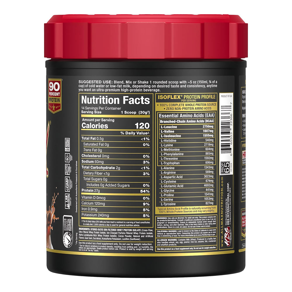 AllMax ISOFLEX scoop and nutrition facts show 27g per serving