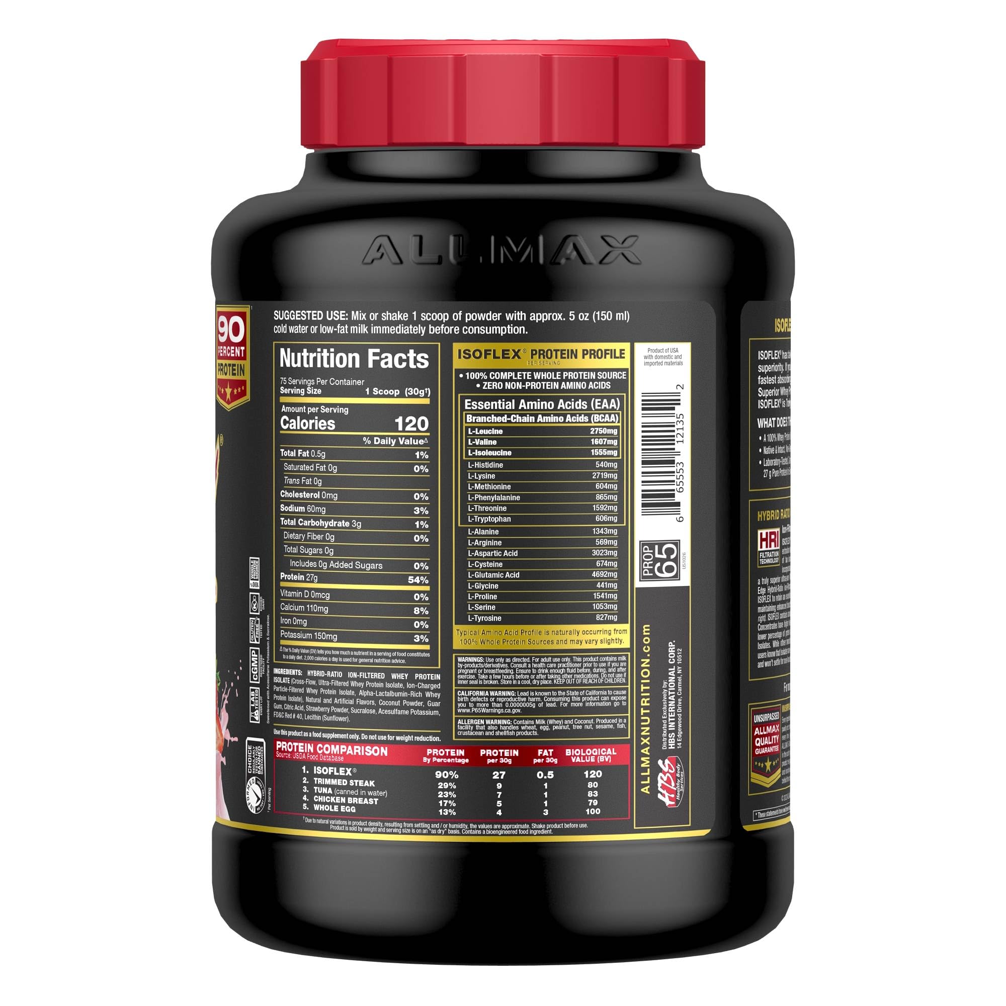 Allmax ISOFLEX strawberry protein tub demonstrates lactose-friendly formula.