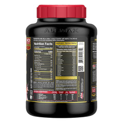 Allmax ISOFLEX strawberry protein tub demonstrates lactose-friendly formula.