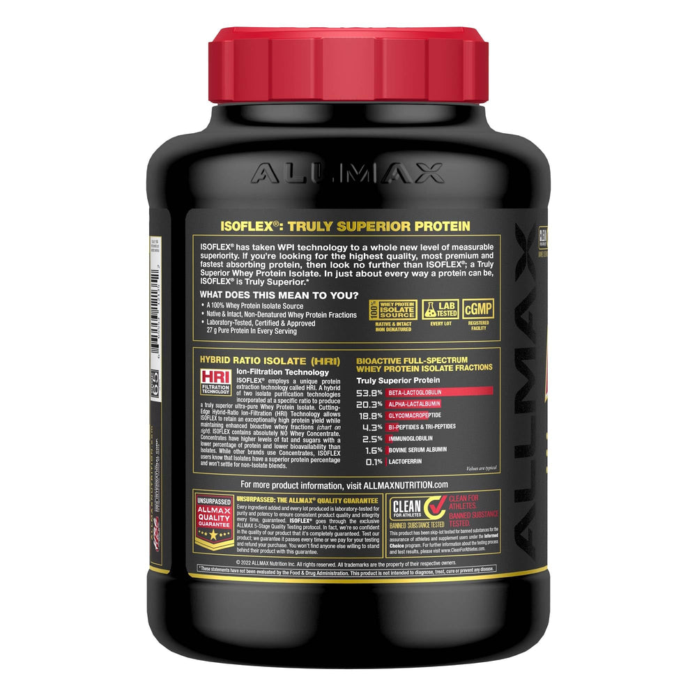 Allmax ISOFLEX whey isolate scoop shows 27 g protein per serving.