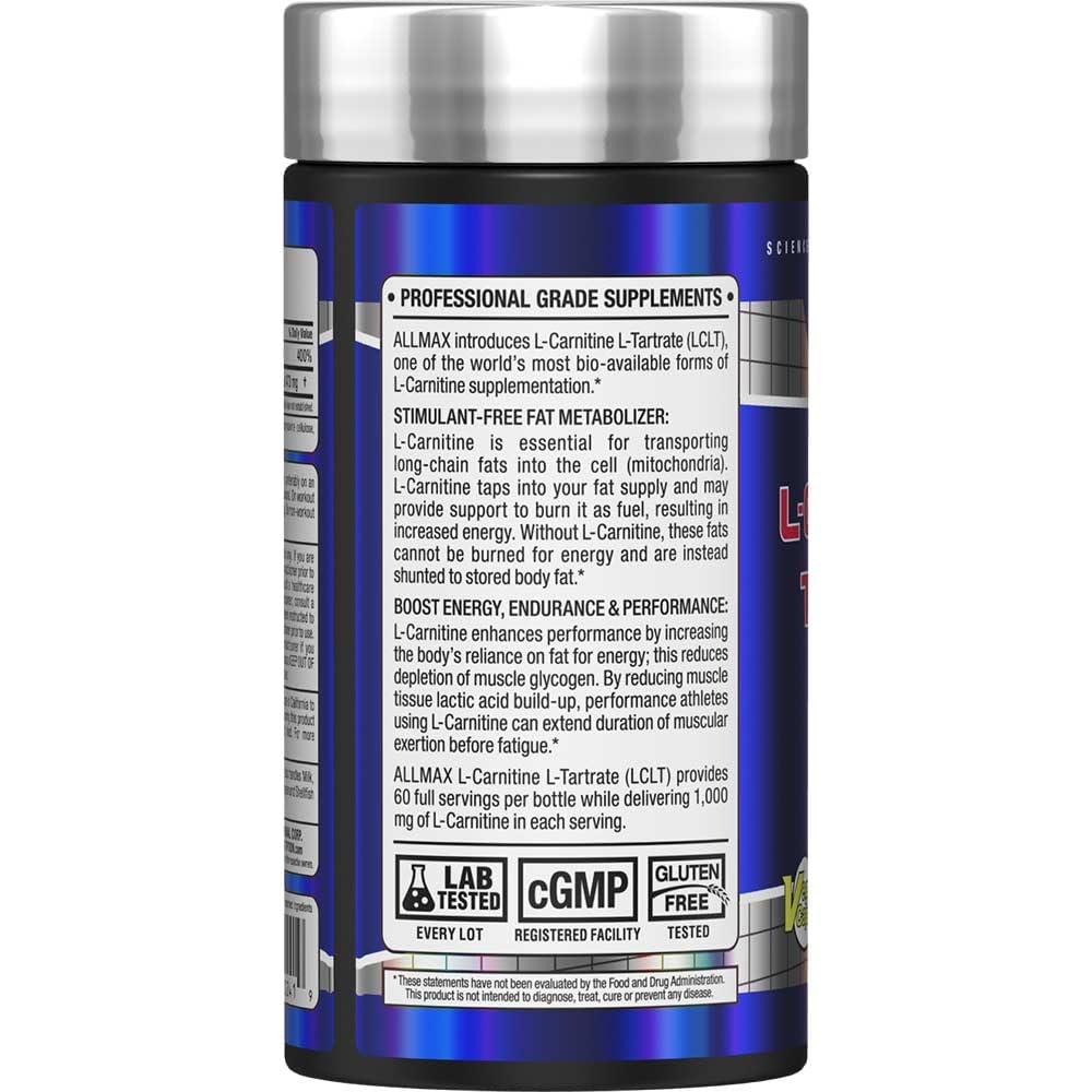 ALLMAX L-Carnitine + Tartrate capsules closeup showing convenient daily use