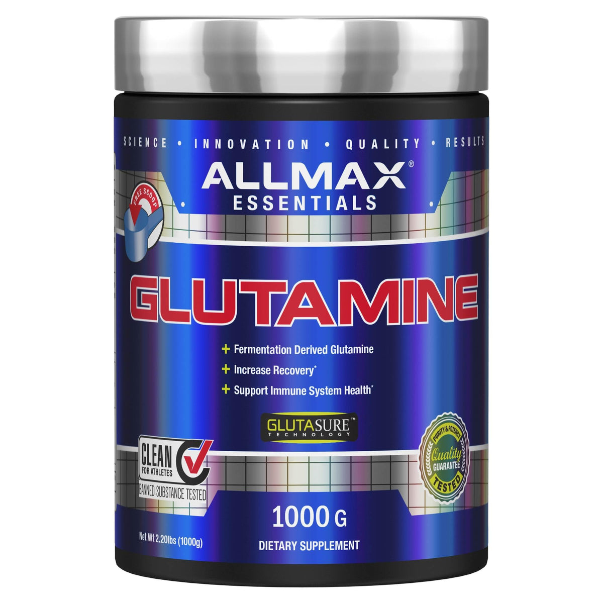 ALLMAX L-Glutamine bottle with scoop for post-workout recovery