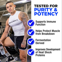 ALLMAX L-Glutamine label shows vegan and gluten-free certifications
