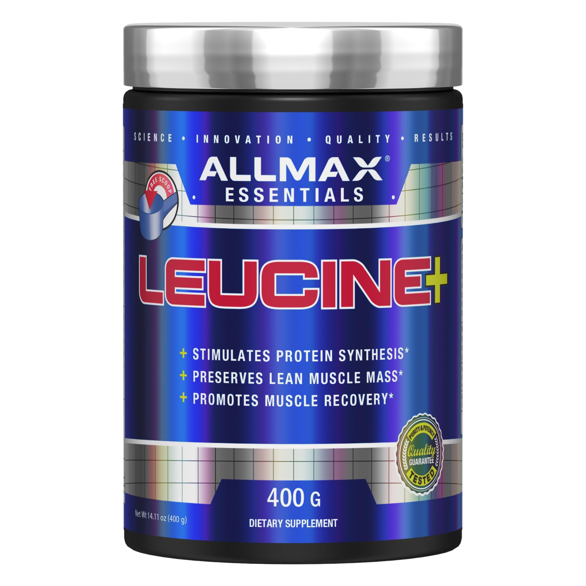 ALLMAX Leucine 400 g bottle label showcases lean muscle support.