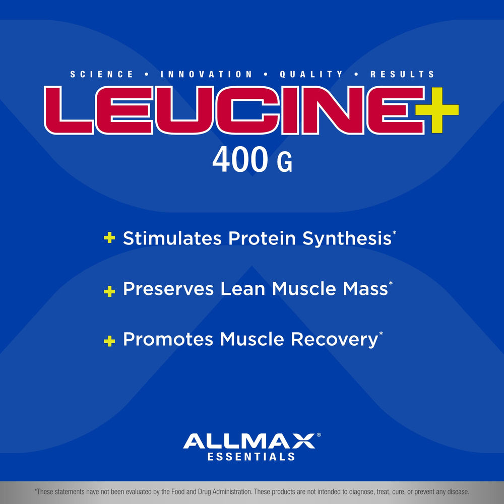 ALLMAX Leucine bottle open scene revealing clean formula.