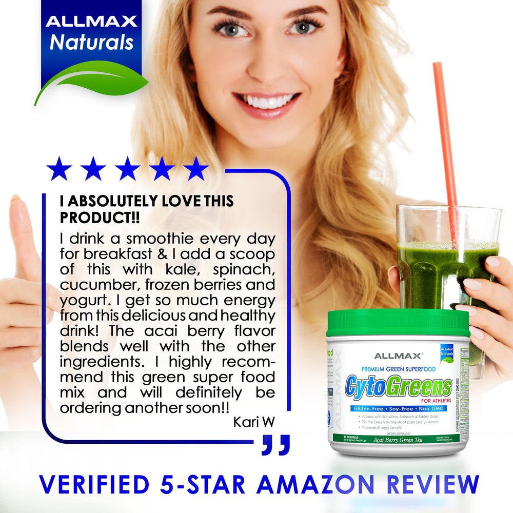 AllMax Naturals CYTO-Greens with acai berry and tea elements in bowl