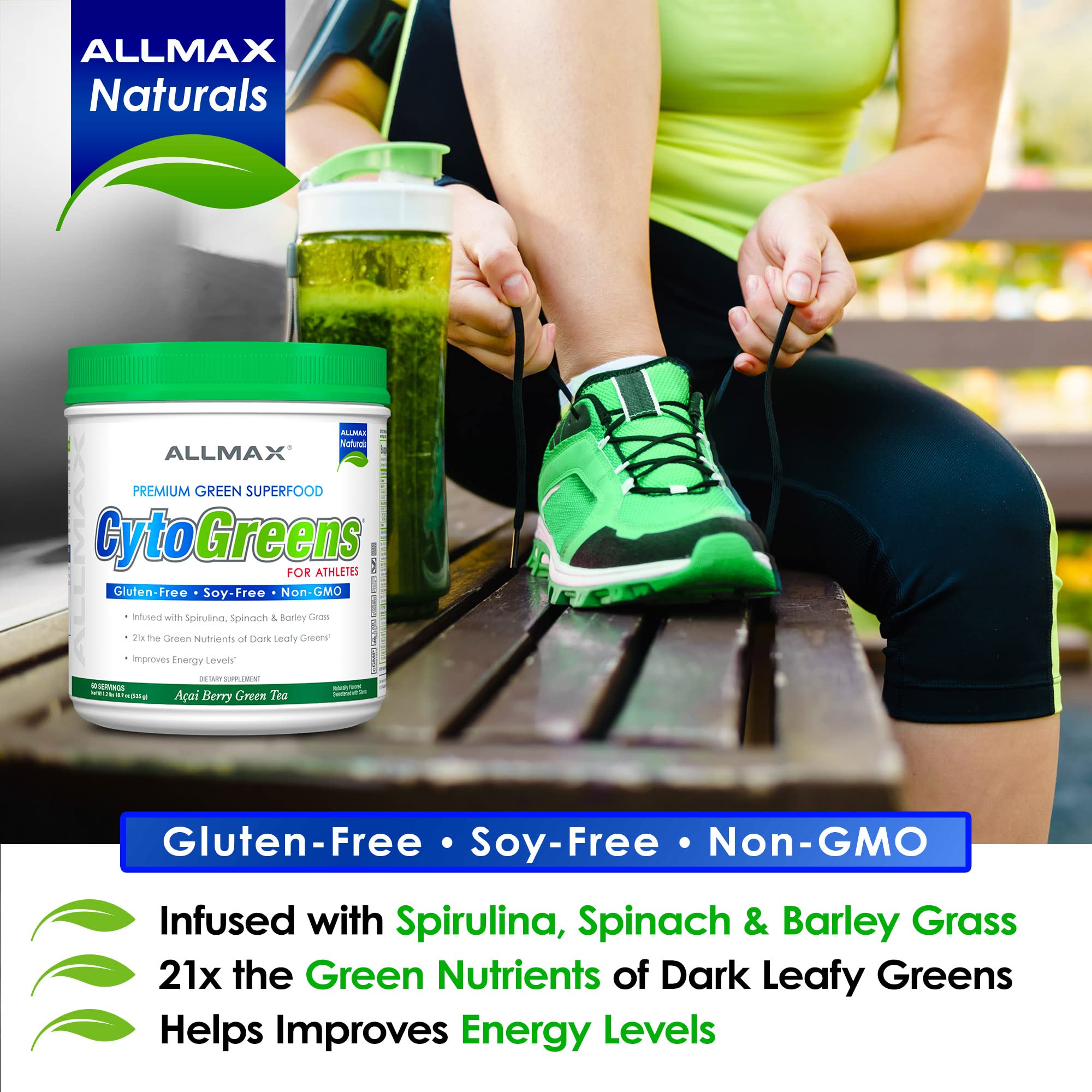 AllMax Naturals CYTO-Greens spoon measure indicating convenient serving size