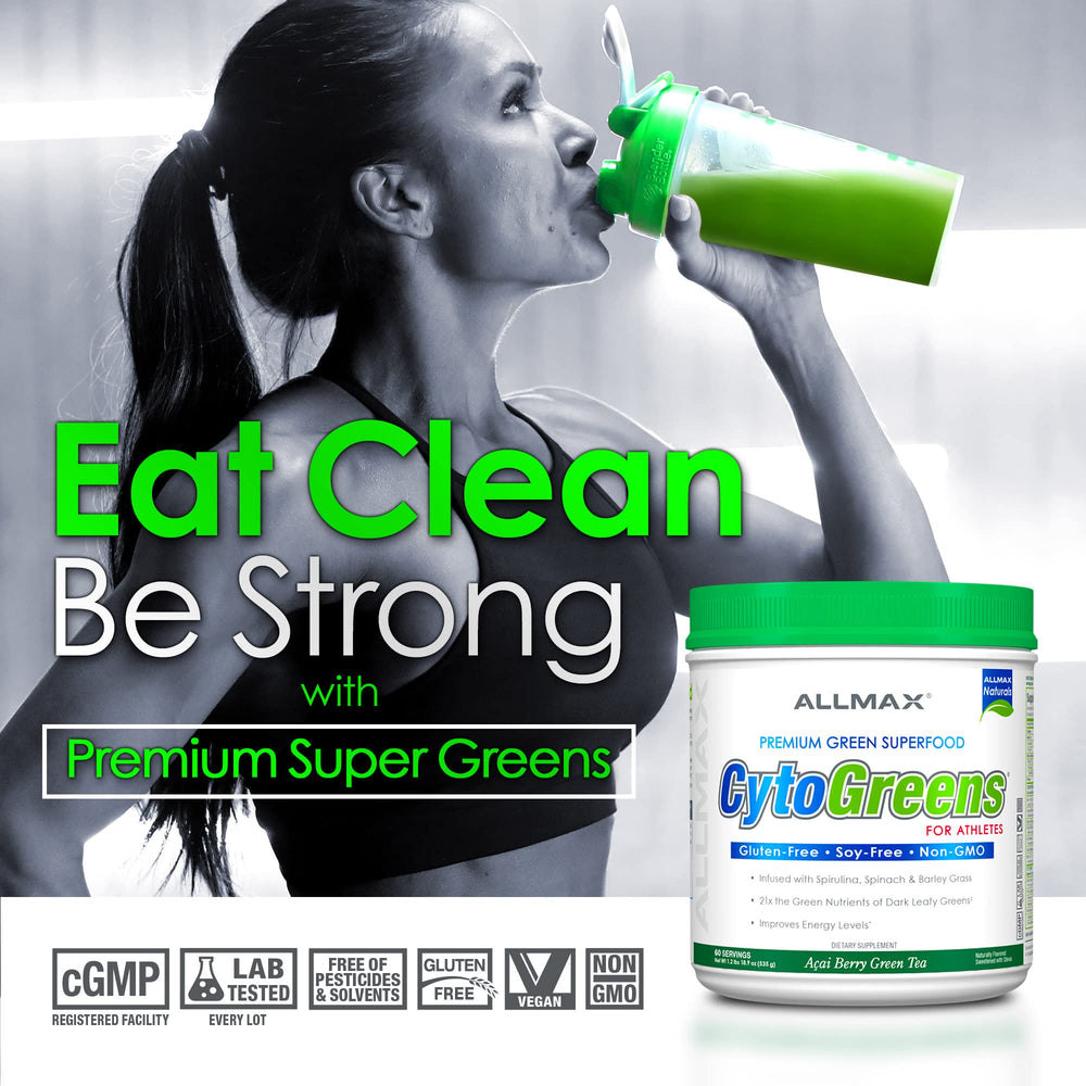 AllMax Naturals CYTO-Greens tub label closeup showing clean vegan ingredients