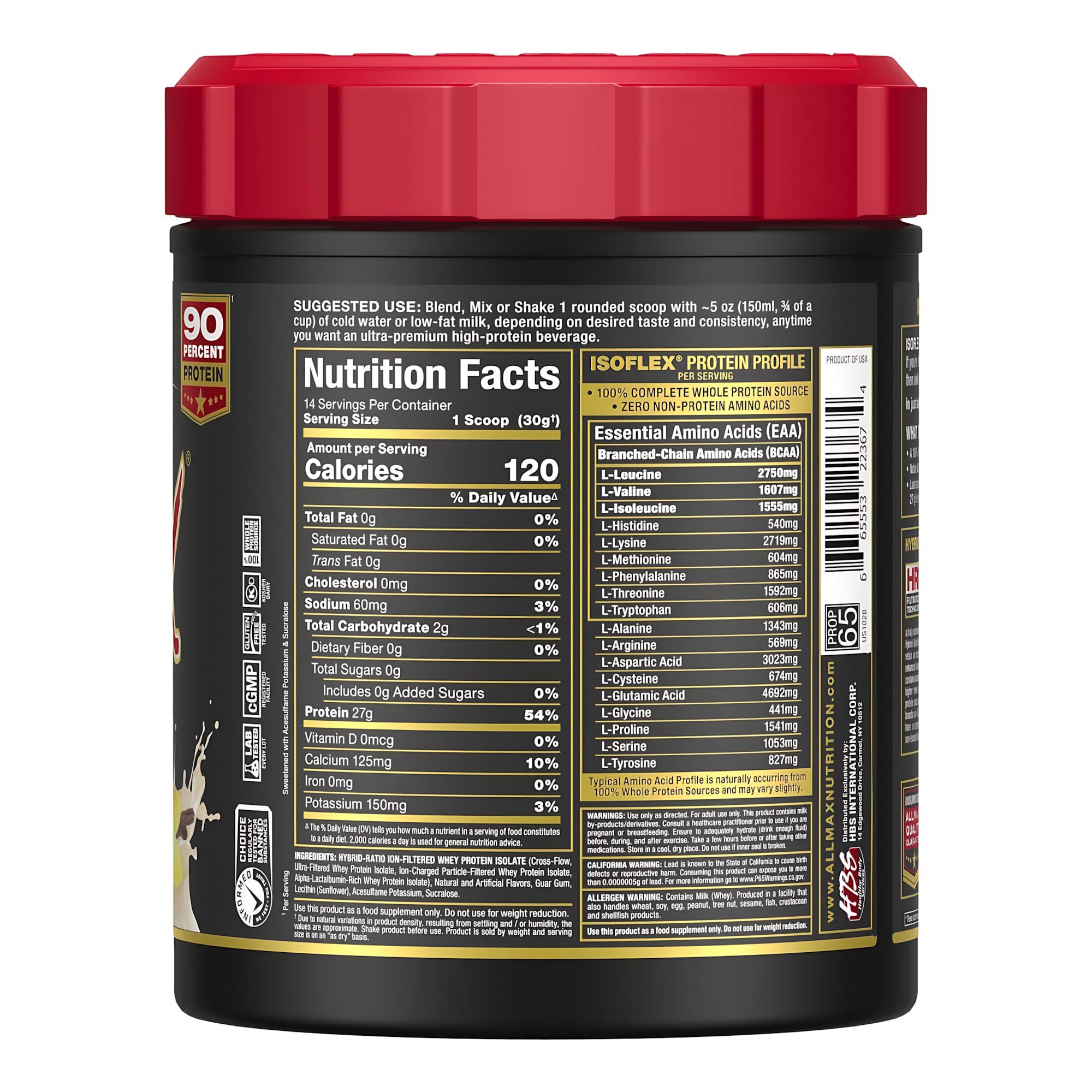 AllMax ISOFLEX label highlights 27g protein per serving and low lactose